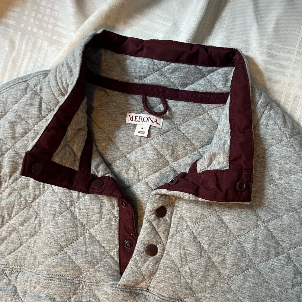Merona Men’s Quilted Pullover Jacket, Heather Gray Burgundy Trim, Large